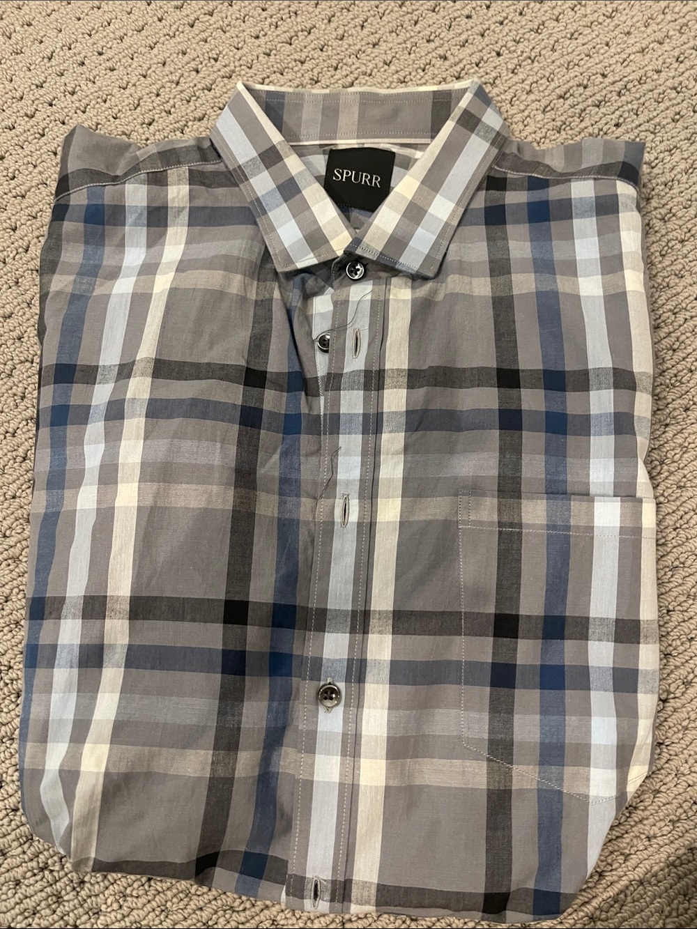 Spurr Men’s Gray & Blue Plaid Button-Up Shirt